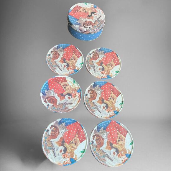Vintage Puppy & Kitten Coaster Tin Cork 6 Coasters Cottage Animal Dog Cat Polka - Picture 4 of 9